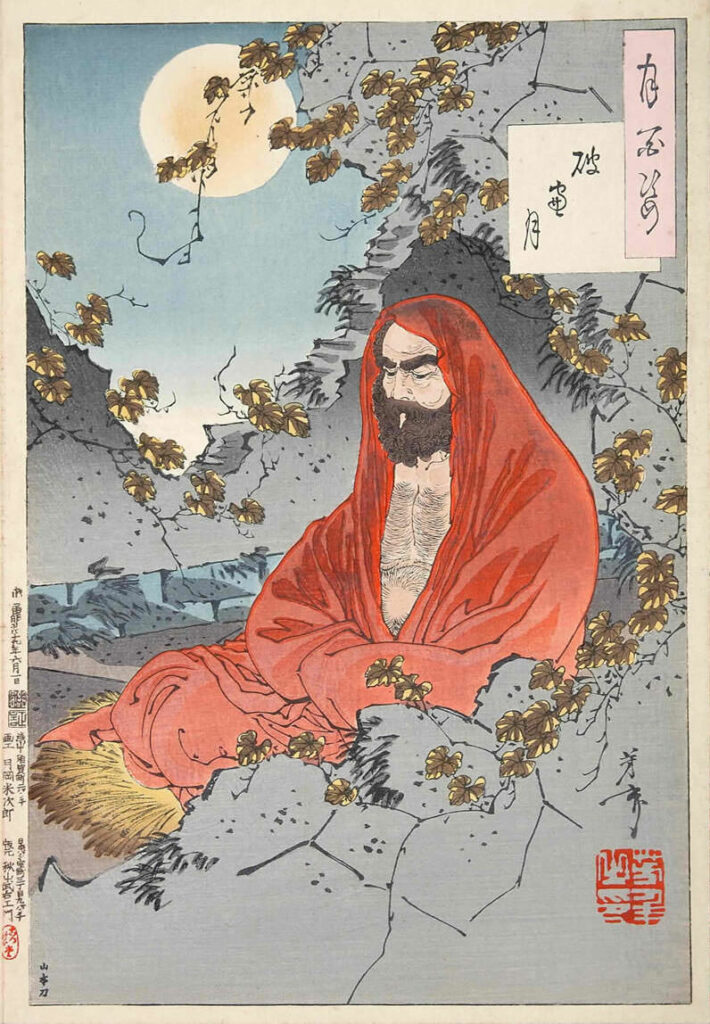 “Der Mond durch ein bröckelndes Fenster” aus der “100 Aspekte des Mondes” Reihe. Es zeigt Bodhidharma, von Yoshitoshi, 1887.